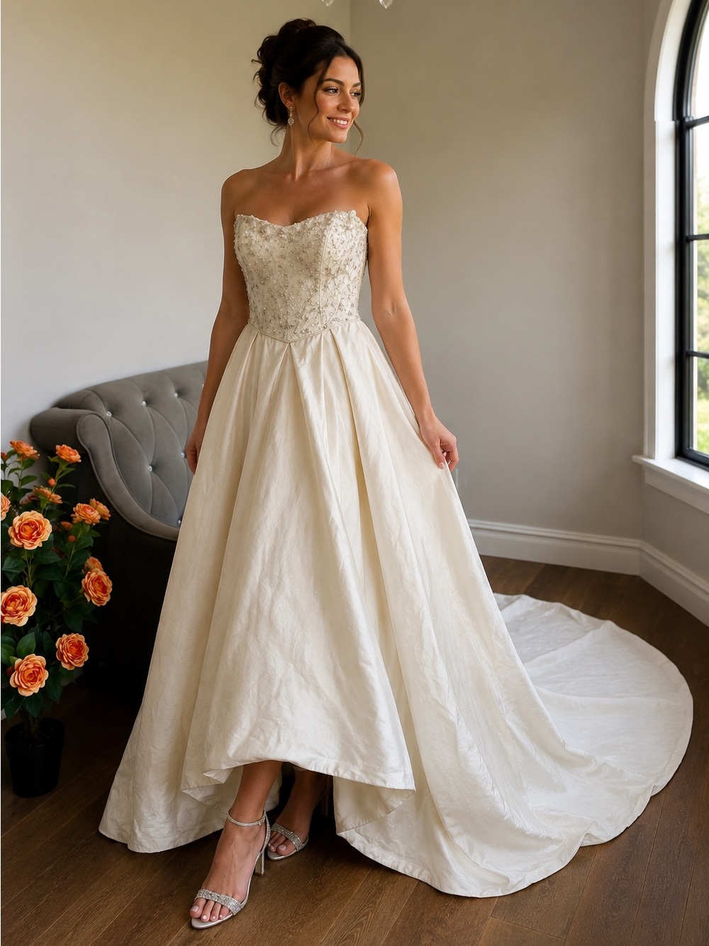 Vintage Y2K Marisa  100% Silk Beaded Strapless Wedding Gown – Bridal Dress